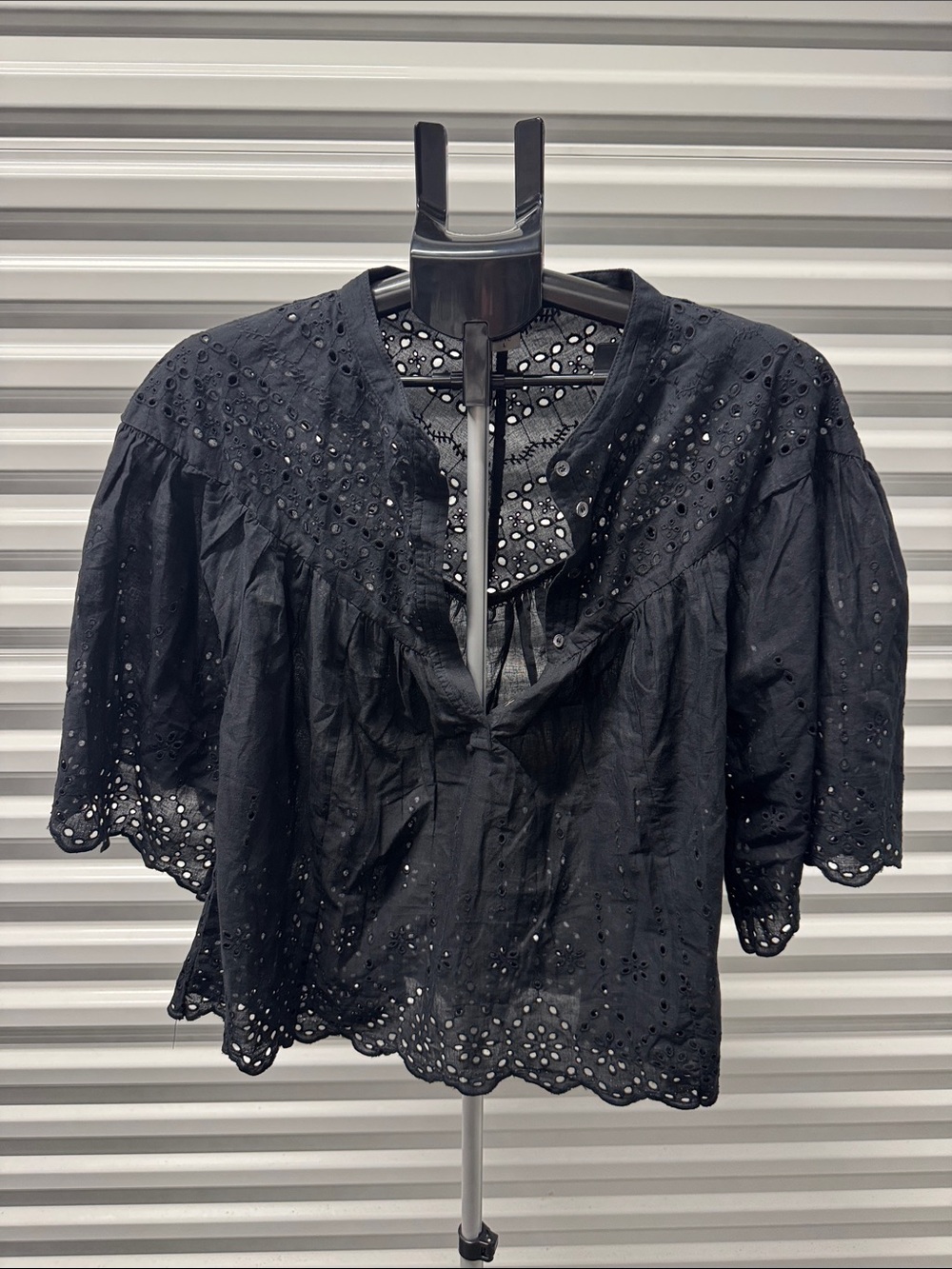 Black Eyelet Cotton Peasant Blouse - Women's Short Sleeve Top